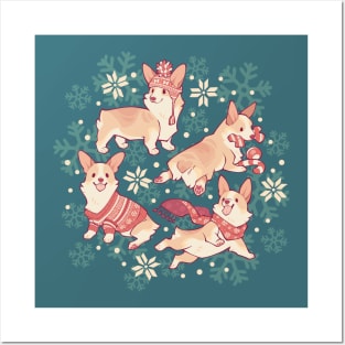 Winter corgis in teal Posters and Art